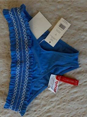 Tory Burch Blue with White Smocked Ruffle Bikini Bottom